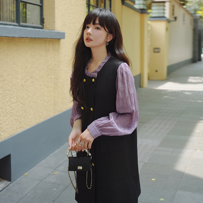 小香风撞色拼接双排扣长袖连衣裙女短款小个子春秋假两件背心裙潮