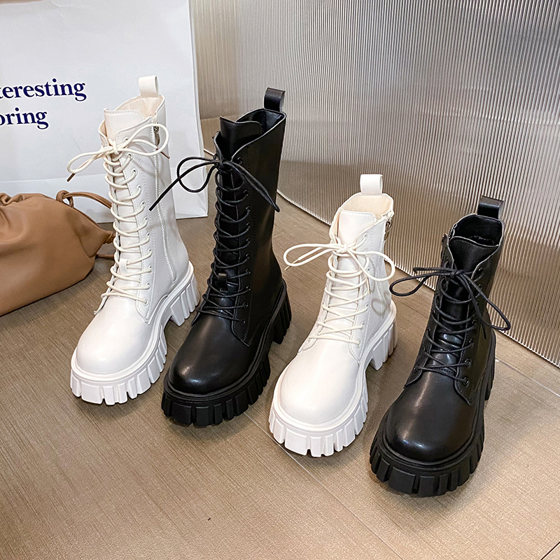 小个子增高马丁靴英伦风高帮女鞋2023秋冬短靴厚底加绒白色中筒靴