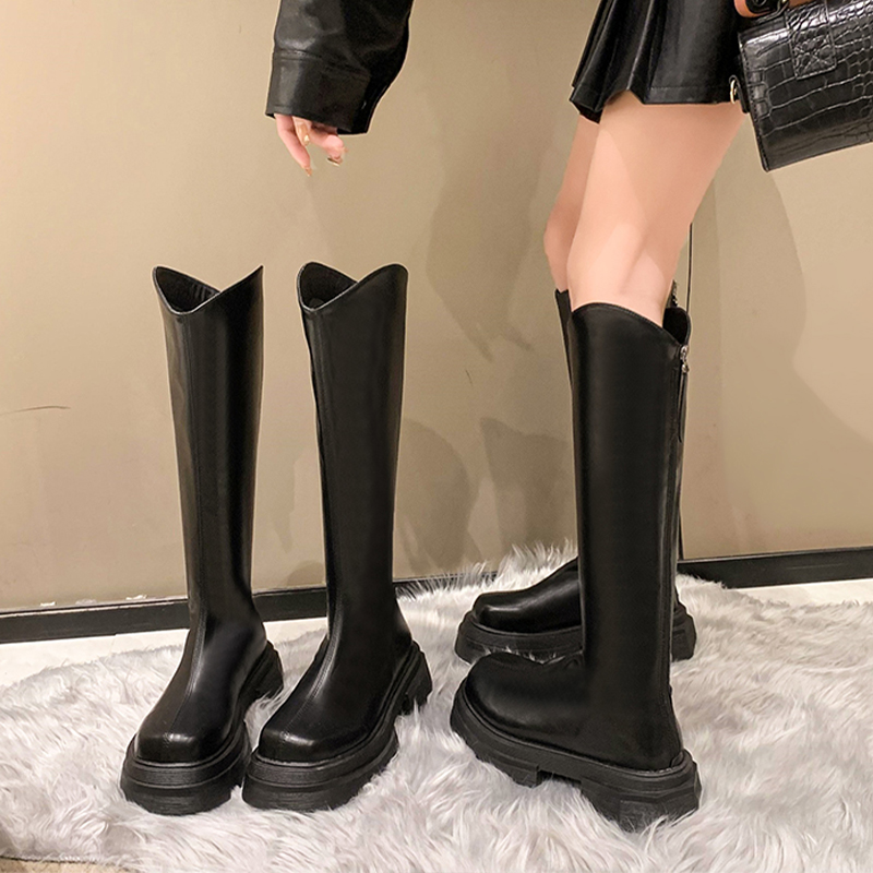 加绒靴子女长筒靴厚底小个子2023秋季新款复古不过膝骑士靴高筒靴