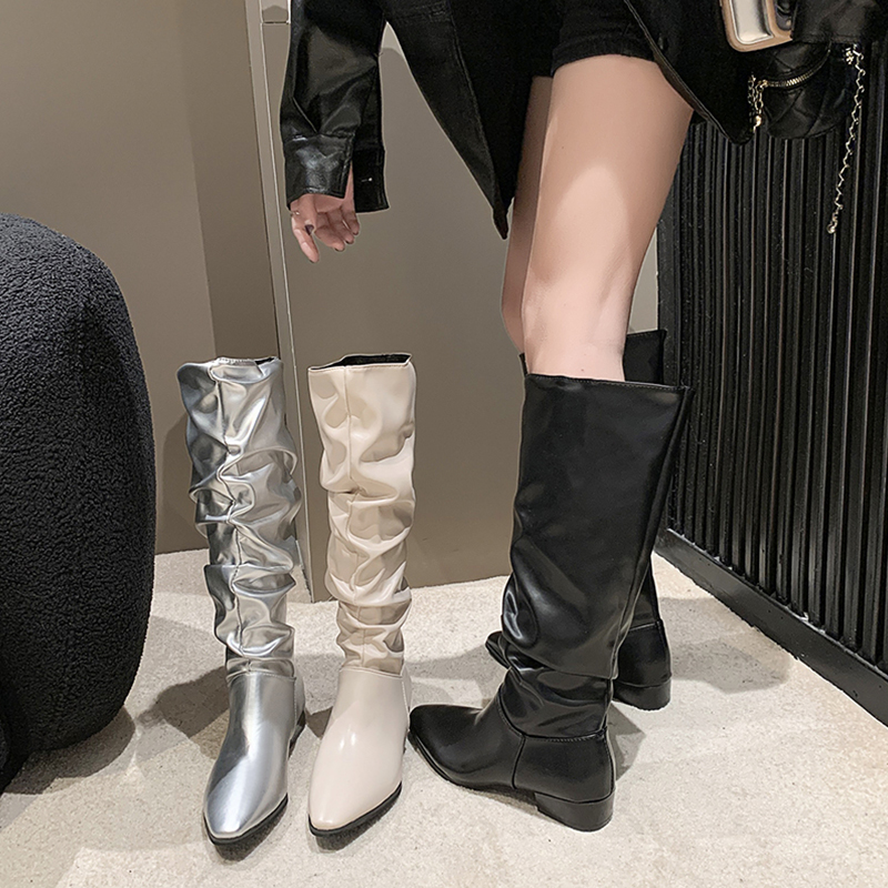 小众银色堆堆过膝长靴女靴子2023年新款夏季高筒骑士靴春秋长筒靴