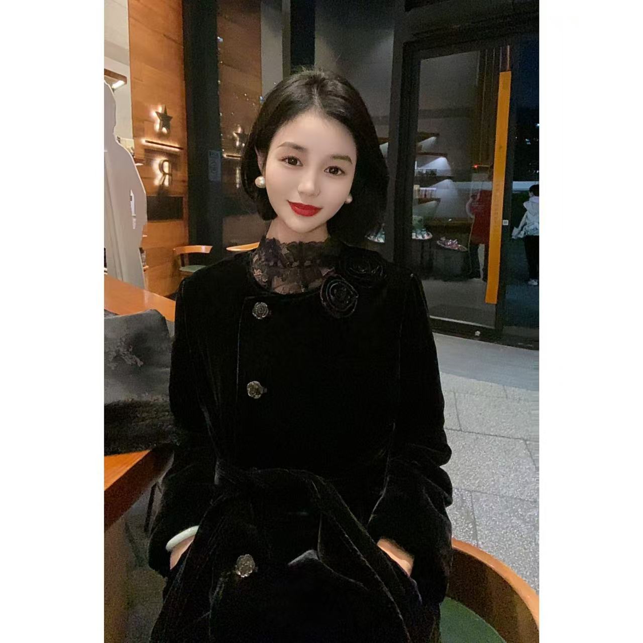 【暗夜玫瑰】秋冬加厚重磅桑蚕丝丝绒圆领棉服外套时尚气质百搭棉衣