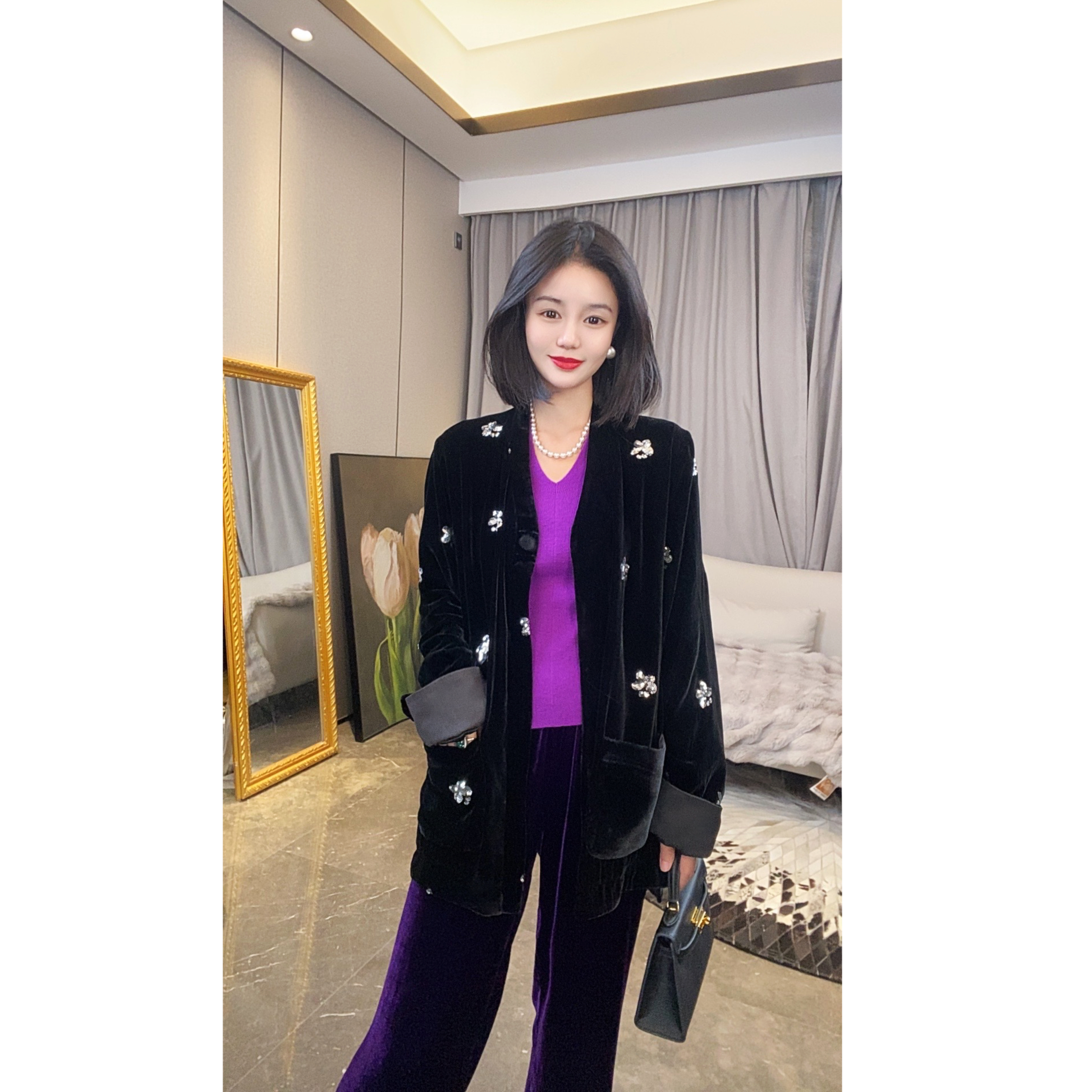 【大眼睛】真丝丝绒珠片刺绣重磅桑蚕丝底坯上衣时尚上衣女外套