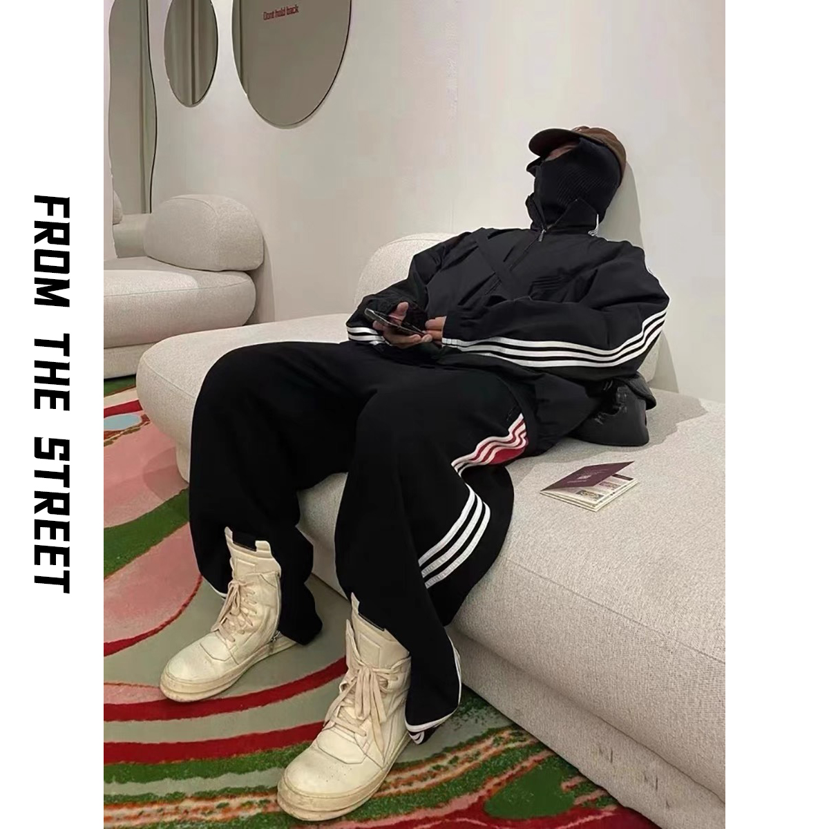 来自街头美式复古23ss联名条纹Baggy Pants针织重磅三条杠大卫裤
