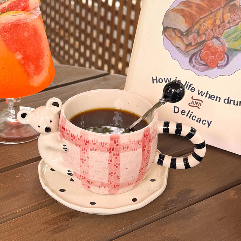 ins风可爱卡通拉花水杯早餐杯陶瓷考拉咖啡杯碟釉下彩女生高颜值