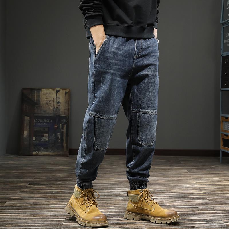 香港美式潮牌复古男士牛仔裤宽松尺码春夏潮流拼接工装束脚哈伦裤