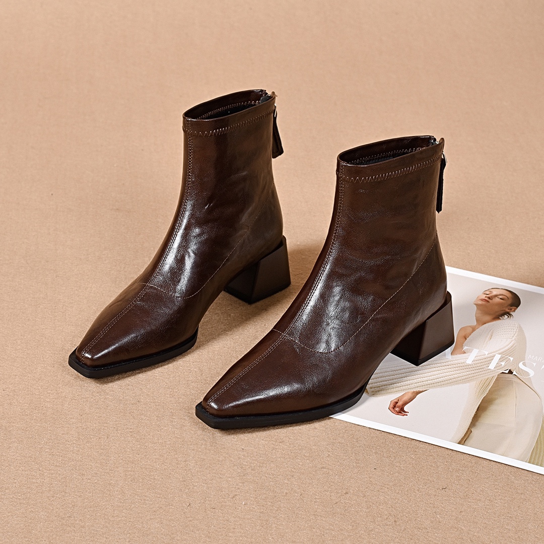 网红冬季尖头短靴低跟粗跟马丁靴真皮羊皮切尔西短靴软皮尖头短靴