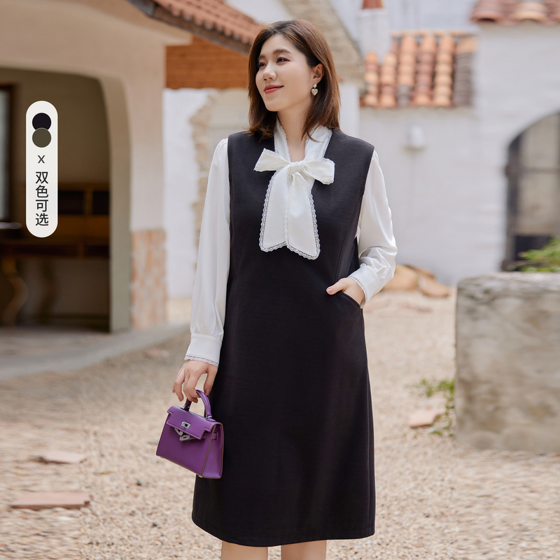 【优雅舒适】C纤莉秀大码女装休闲百搭时尚保暖v领无袖连衣裙QI4336