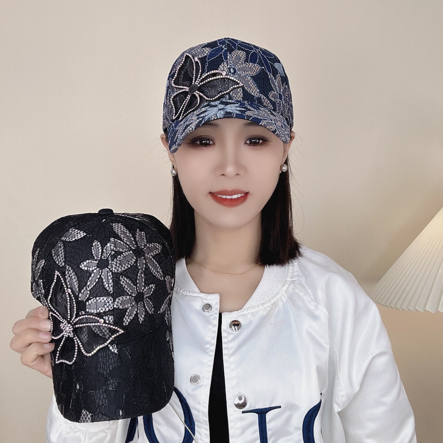 新款蕾丝薄款帽子女透气防晒水钻蝴蝶棒球帽街头时尚百搭潮鸭舌帽