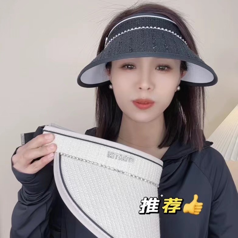 夏季小香风镶钻大檐遮阳空顶帽子女轻奢户外防紫外线防晒帽太阳帽