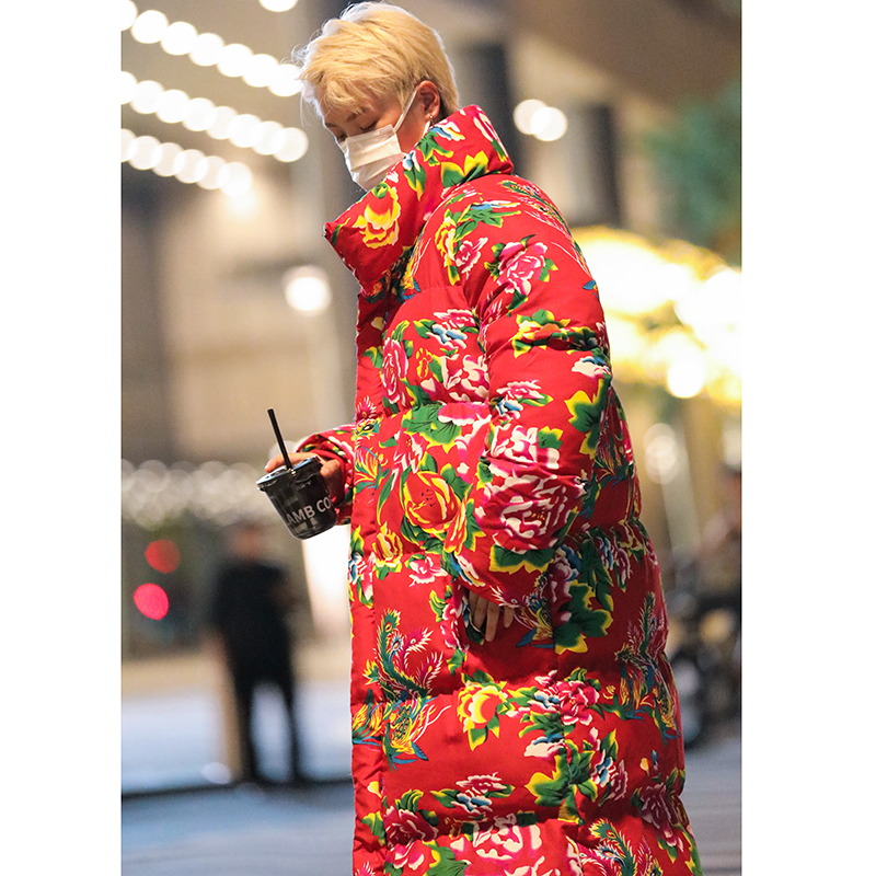 农村东北花棉袄新款军大大衣男冬季中长款民族风国潮红色棉衣加厚