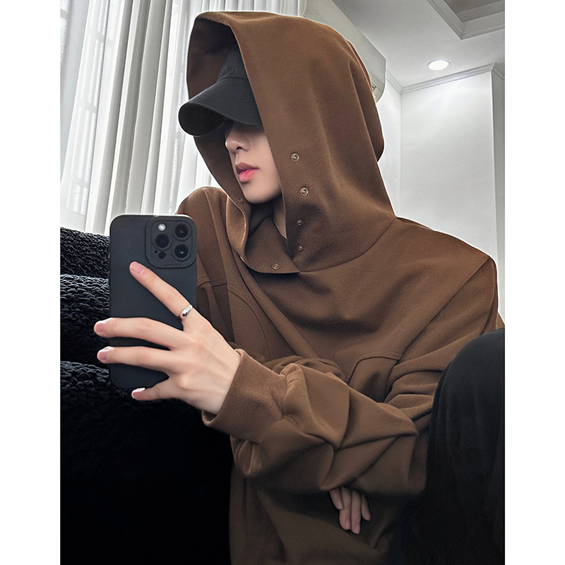 棕咖色纽扣连帽加绒卫衣男秋冬季加厚慵懒风高克重百搭套头外套潮