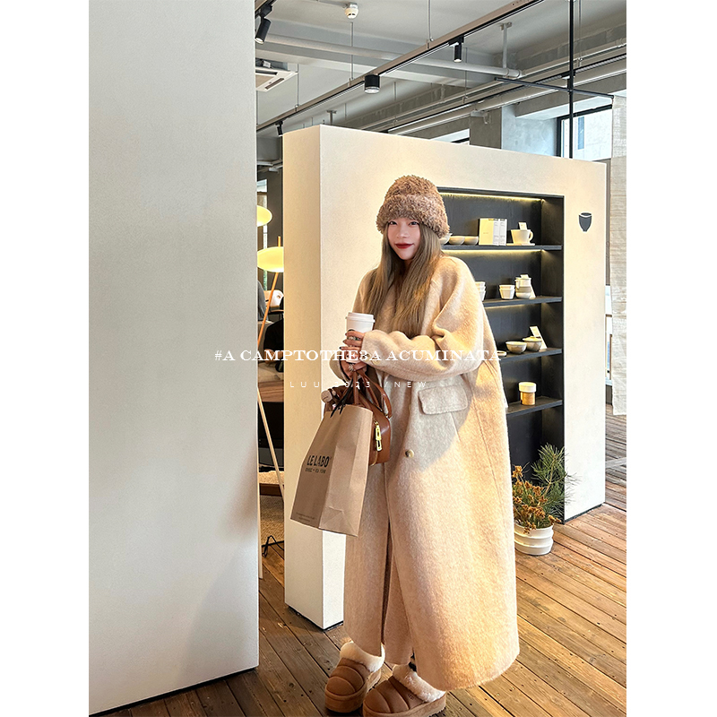 LUU桃喜儿/桑蚕丝加厚羊毛兔绒双面呢大衣外套女中长款秋冬毛呢