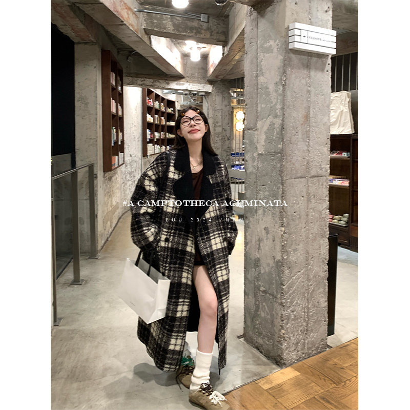 LUU桃喜儿/格子两穿大衣外套女秋冬宽松高级感小众韩系慵懒中长款