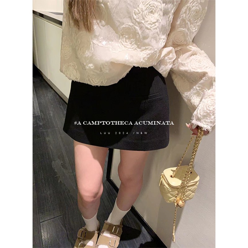 LUU桃喜儿/秋冬两片式裙裤女高腰休闲裤子百搭短裤设计感小众拼接