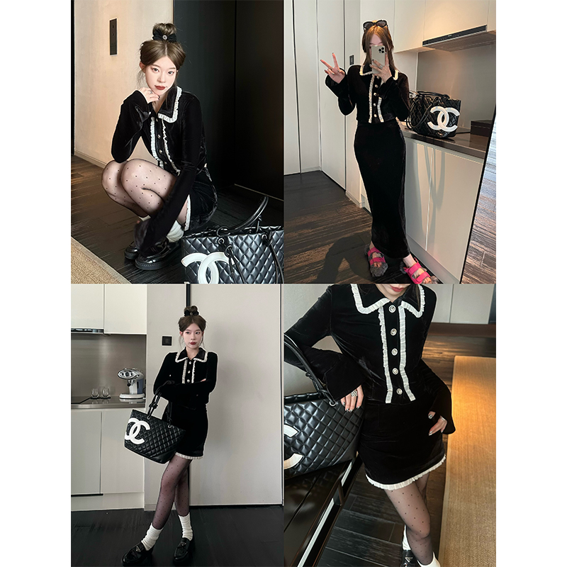 LUU桃喜儿/闪闪花边丝绒套装连衣裙女内搭春季半身裙气质长袖小众