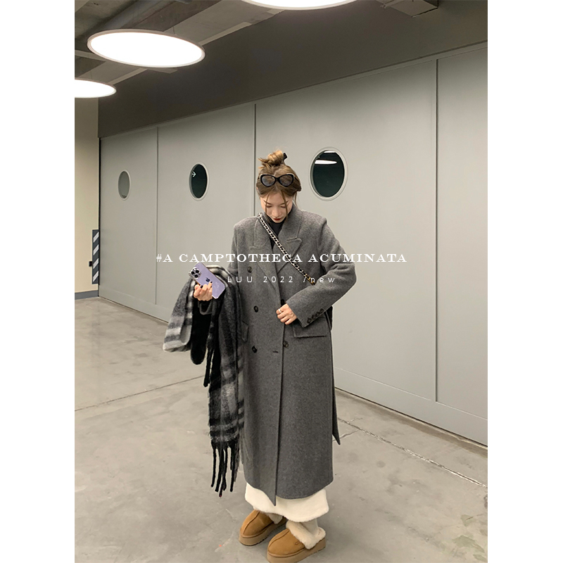 LUU桃喜儿/灰色双面呢大衣羊毛毛呢外套小众设计感宽松女韩系