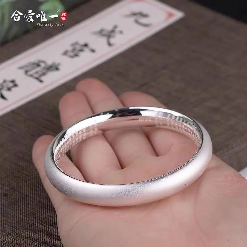 足银手镯 9999女闭口传磨砂开口素圈手环送长辈礼物纯