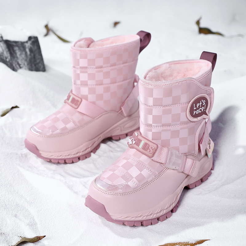 里奇·乔丹儿童雪地靴加绒保暖皮面一体棉靴女孩防滑舒适面包靴子
