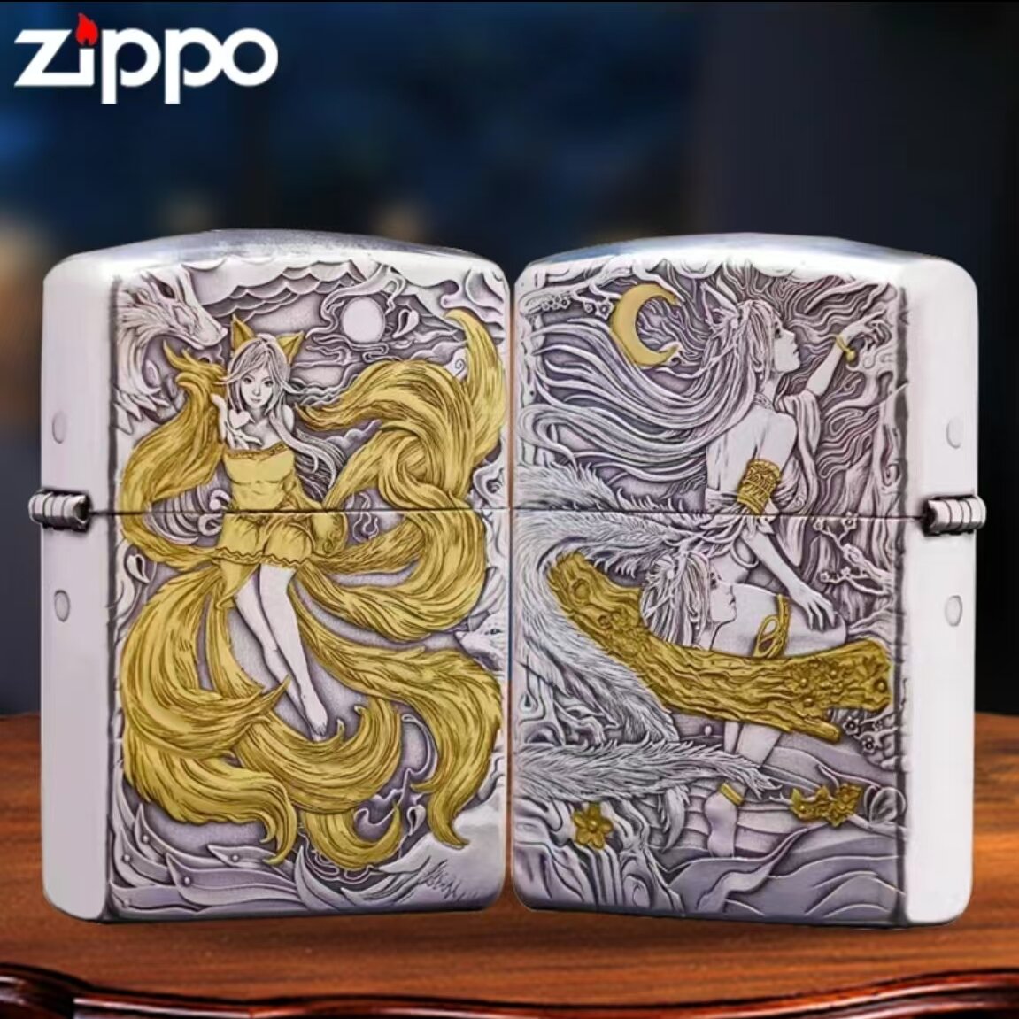 ZIPPO打火机正品/镀银鎏金【双面九尾狐】3D立体浮雕包银DYJ1