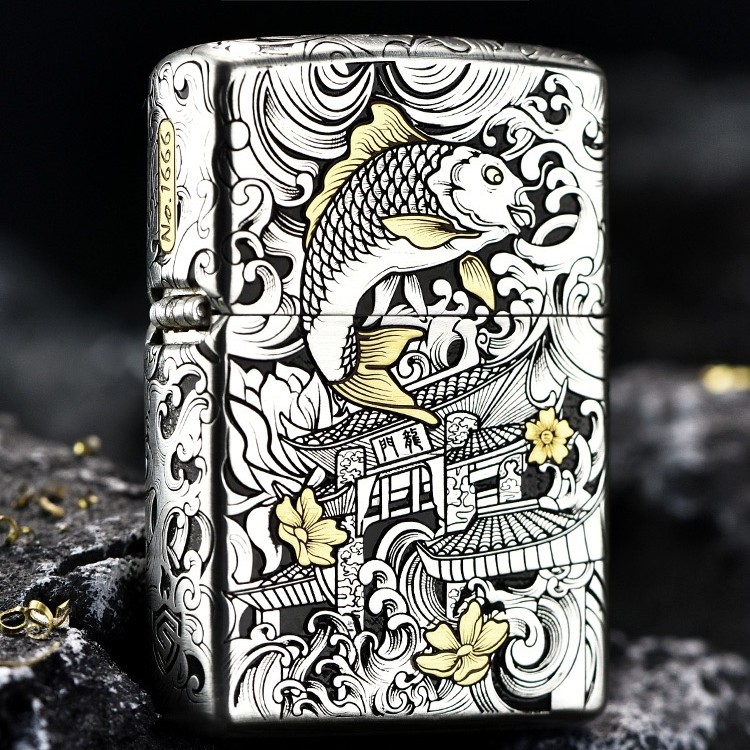 ZIPPO/之宝打火机/纯银错金银工艺-重甲鱼跃龙门-礼盒装送礼DYJ1