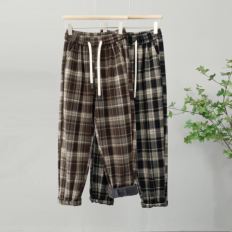 加绒加厚休闲裤女冬季宽松百搭显瘦复古格子哈伦裤毛呢老爹萝卜裤