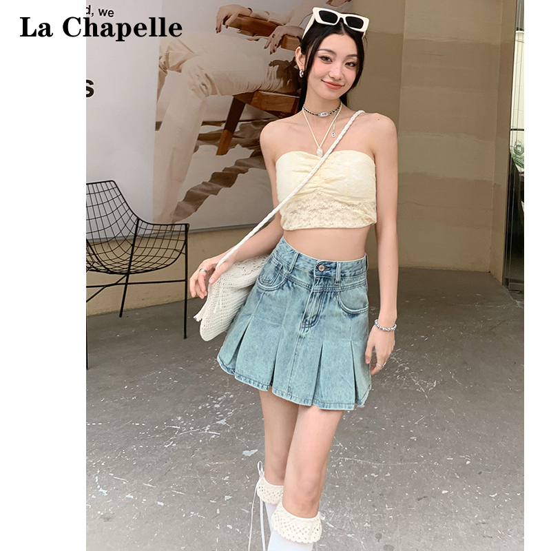 拉夏贝尔浅蓝色辣妹牛仔半身裙女2024年夏季复古高腰显瘦百褶短裙