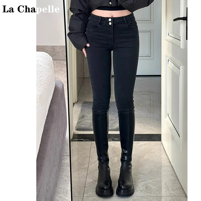 拉夏贝尔黑色高腰小脚牛仔裤女2024冬季加绒修身小个子紧身铅笔裤