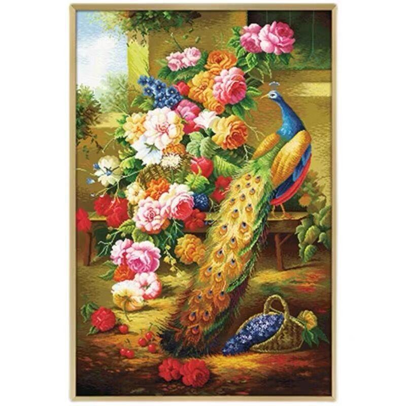 繁花似锦孔雀十字绣客厅玄关满绣46色无勾边