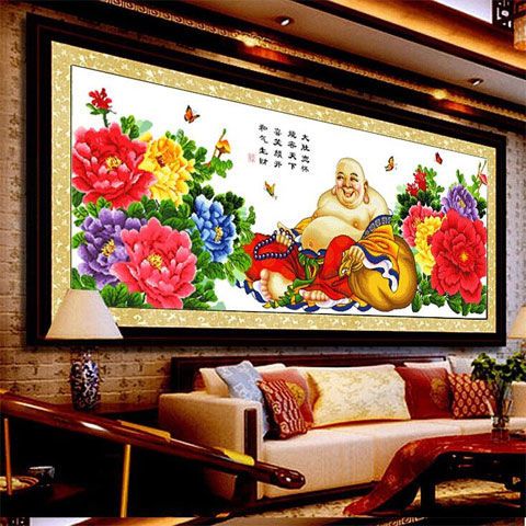 针情针艺弥勒佛十字绣非满绣60色勾边人物吉祥客厅自己绣沙发背景