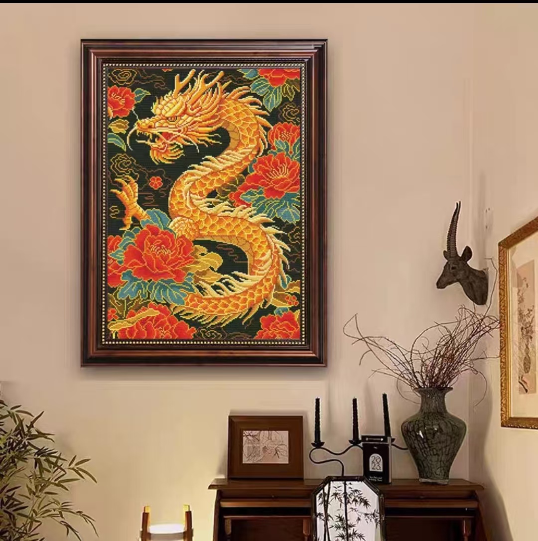 金龙献瑞新款手工十字绣简约现代客厅玄关中式满绣20色无勾边