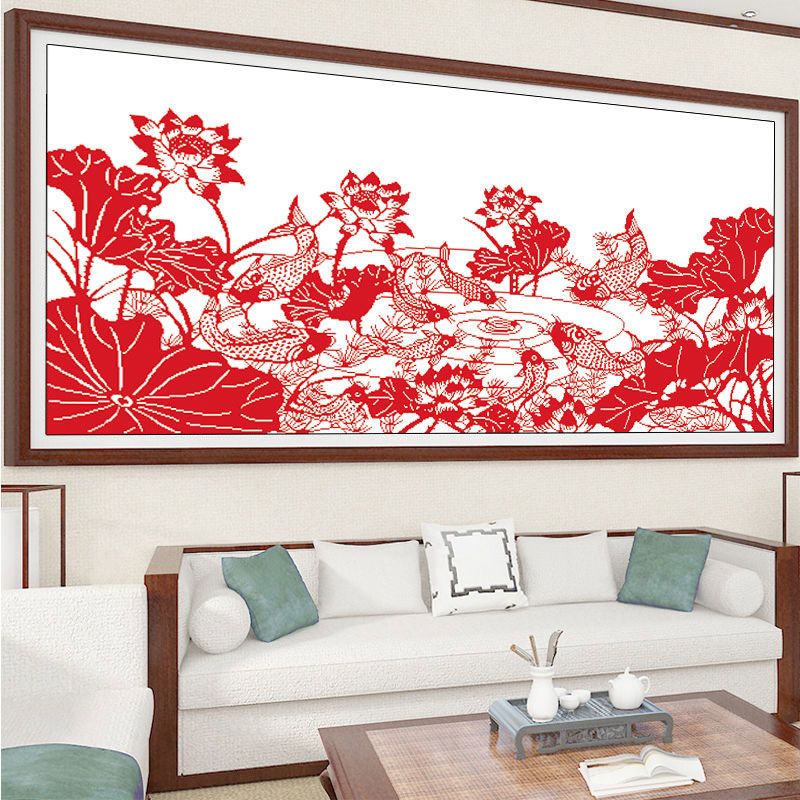 九鱼聚荷十字绣剪纸新款客厅大幅现代简约手工线绣精准印花非满绣