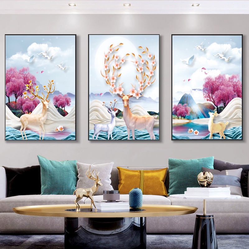 春色满园发财麋鹿十字绣新款线绣客厅满绣三联画风景客厅欧式59色