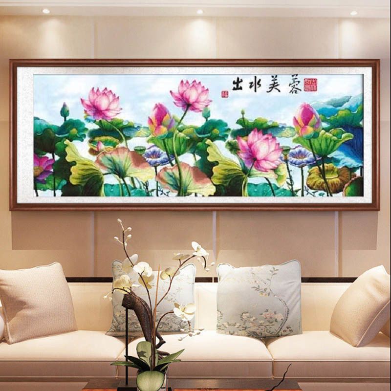 出水芙蓉十字绣新款线绣荷花手工自己满绣客厅莲花中式现代大气