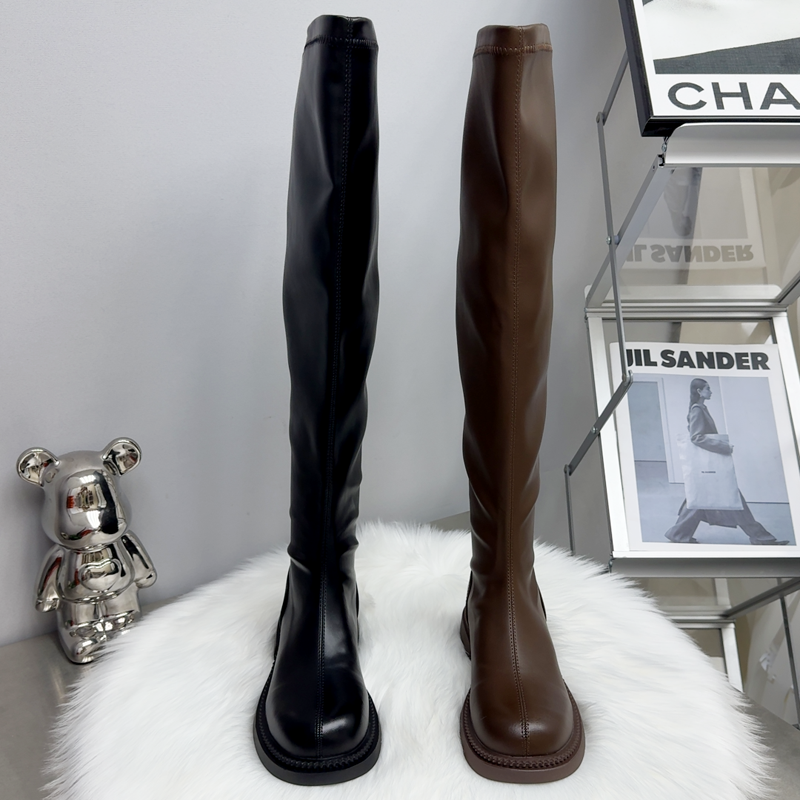 胖妹妹薄底高个子过膝靴女平跟百搭英伦风骑士靴女圆头女长靴冬季