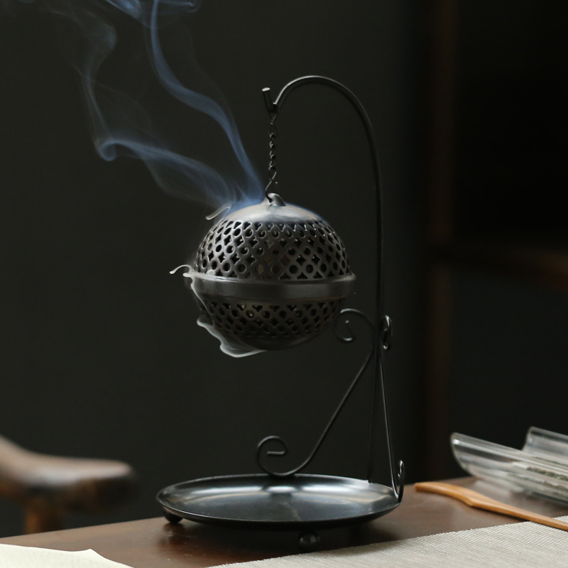 复古铁架吊球工艺香炉创意盘香檀香炉家用室内耐用茶道香薰炉摆件