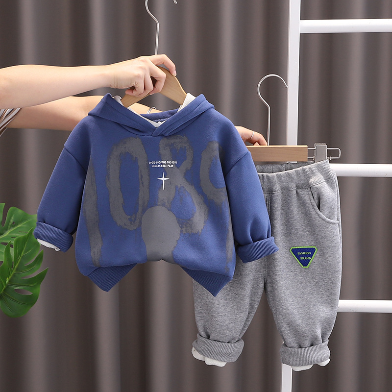 男宝宝秋冬装加绒套装2024新款儿童洋气男童冬季保暖卫衣韩版童装