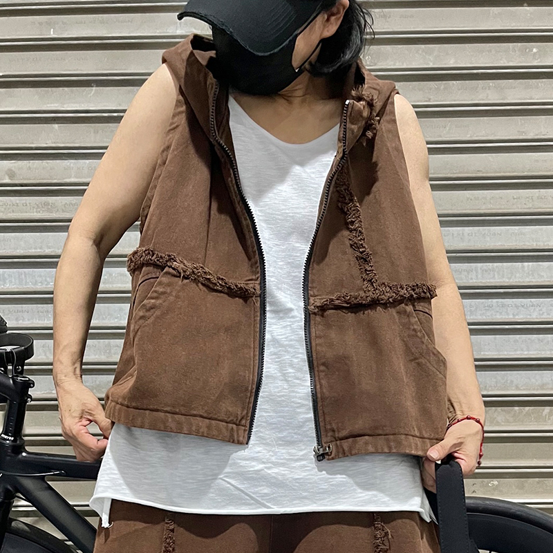 新款个性毛边纯色牛仔连帽马甲女宽松显瘦无袖上衣外套潮