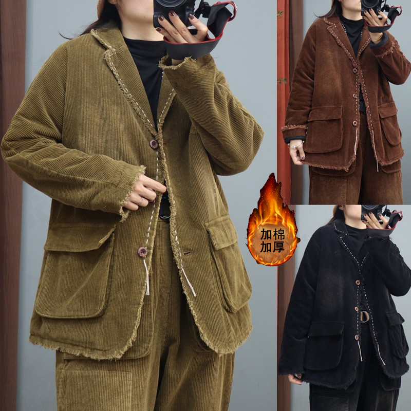 冬季新款高品质夹棉加厚灯芯绒西装外套女显瘦百搭棉袄上衣