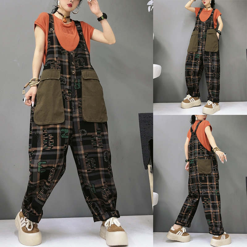 新款撞色大口袋格子牛仔背带裤女宽松九分裤遮肉显瘦垮裤潮