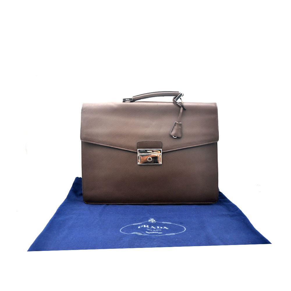 95新 Prada/普拉达 98新 深棕色经典十字纹男士公文包38＊29/46091