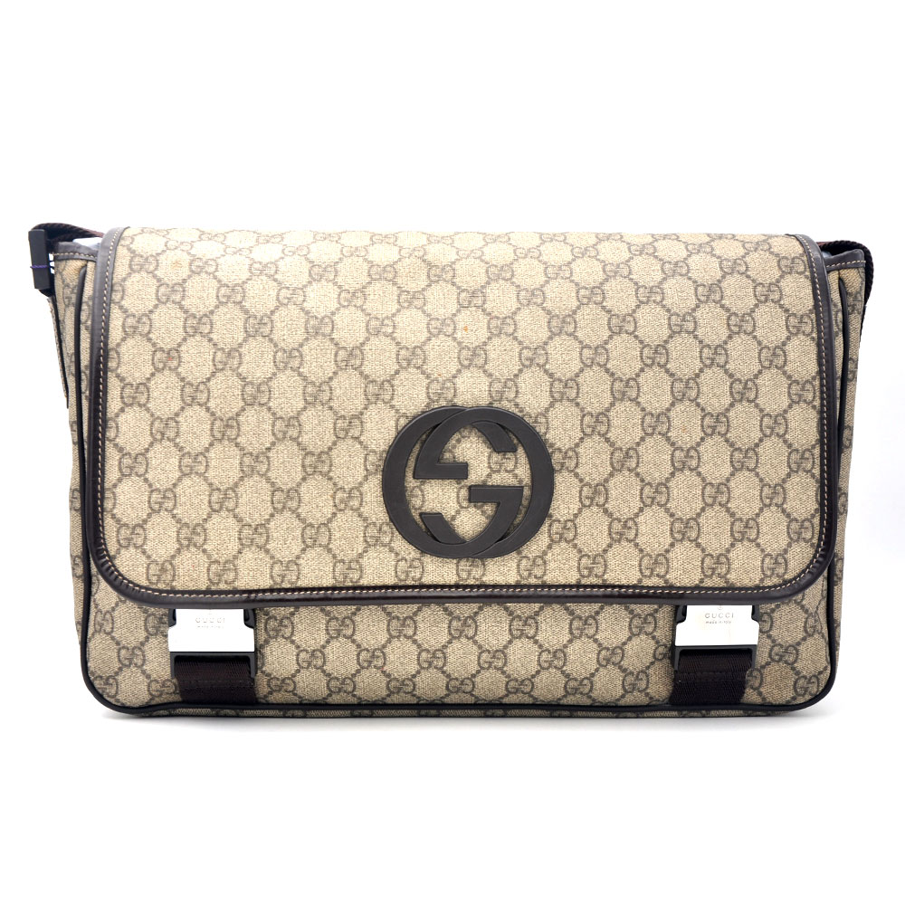 95新 GUCCI/古驰 97新 经典棕老花翻盖双扣邮差包38＊26/99189