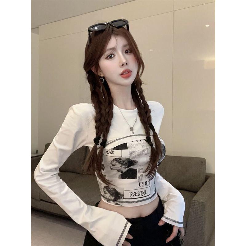 白色长袖T恤女2023秋季新款内搭打底衫美式辣妹洋气时髦短款上衣