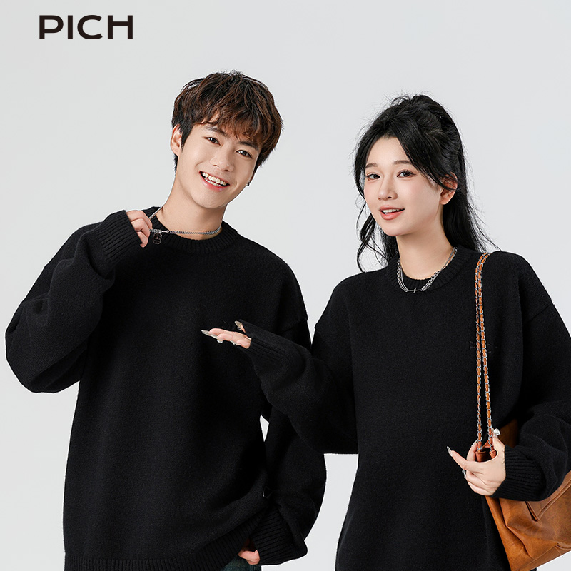 PICH 基础刺绣毛衣纯色秋冬季宽松圆领打底针织衫潮流男女生套头