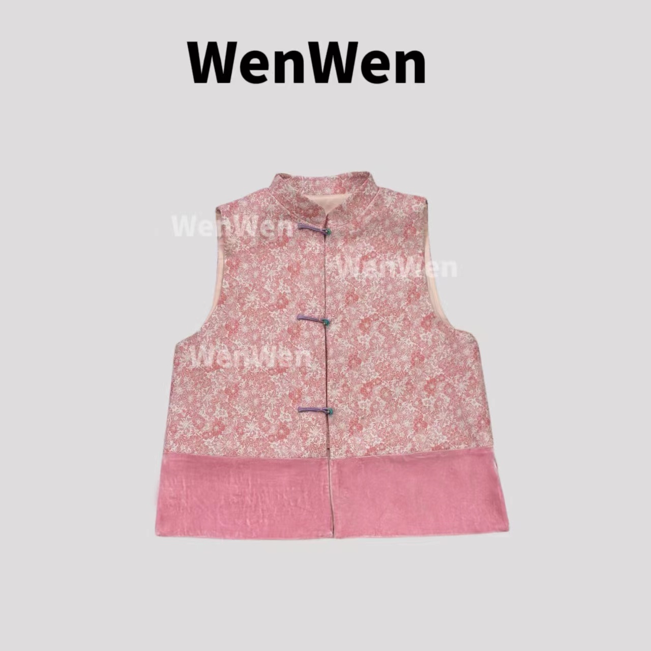 高定-WENWEN【“桃花朵朵”新中式早春宋锦拼接丝绒百搭马甲】MJ0080