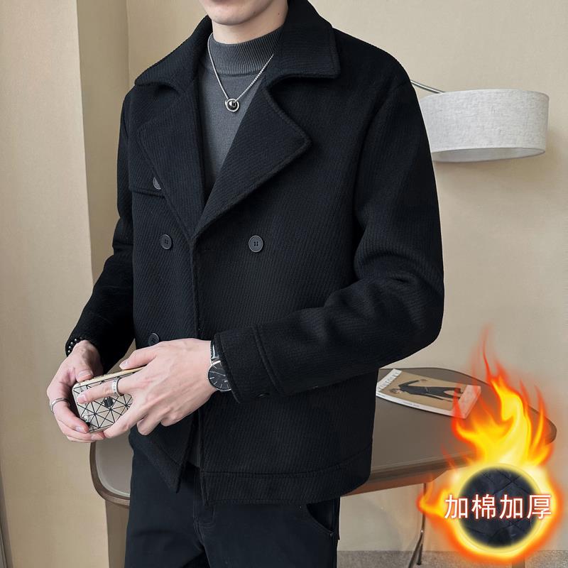 毛呢外套男秋冬厚款短款风衣高级感加棉保暖西装领夹克呢子大衣潮