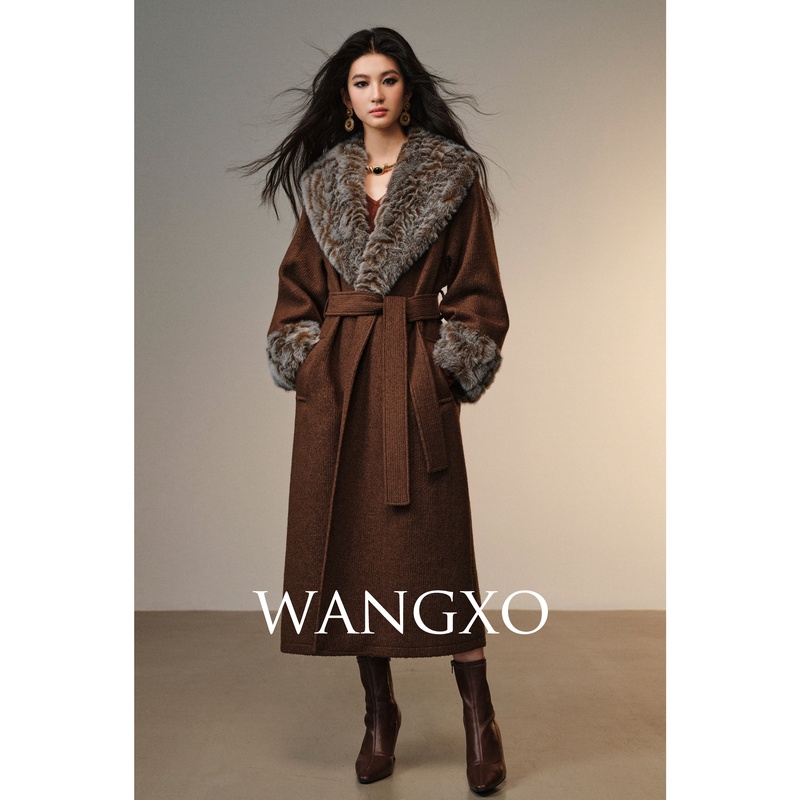 WANGXO 【冬日柏林】温暖毛领圈圈羊毛系带廓形大衣 240937W店播