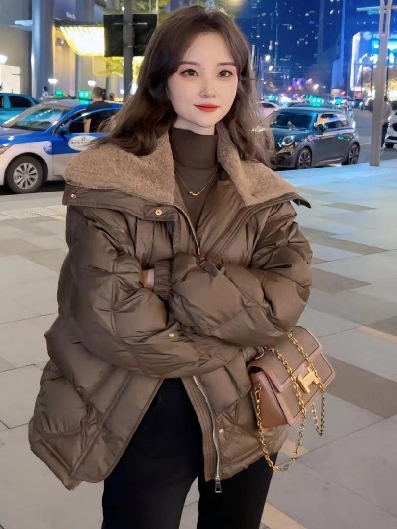 羽绒服服服亦然冬季新款韩版时尚大翻领夹服女短款宽松显瘦百搭保