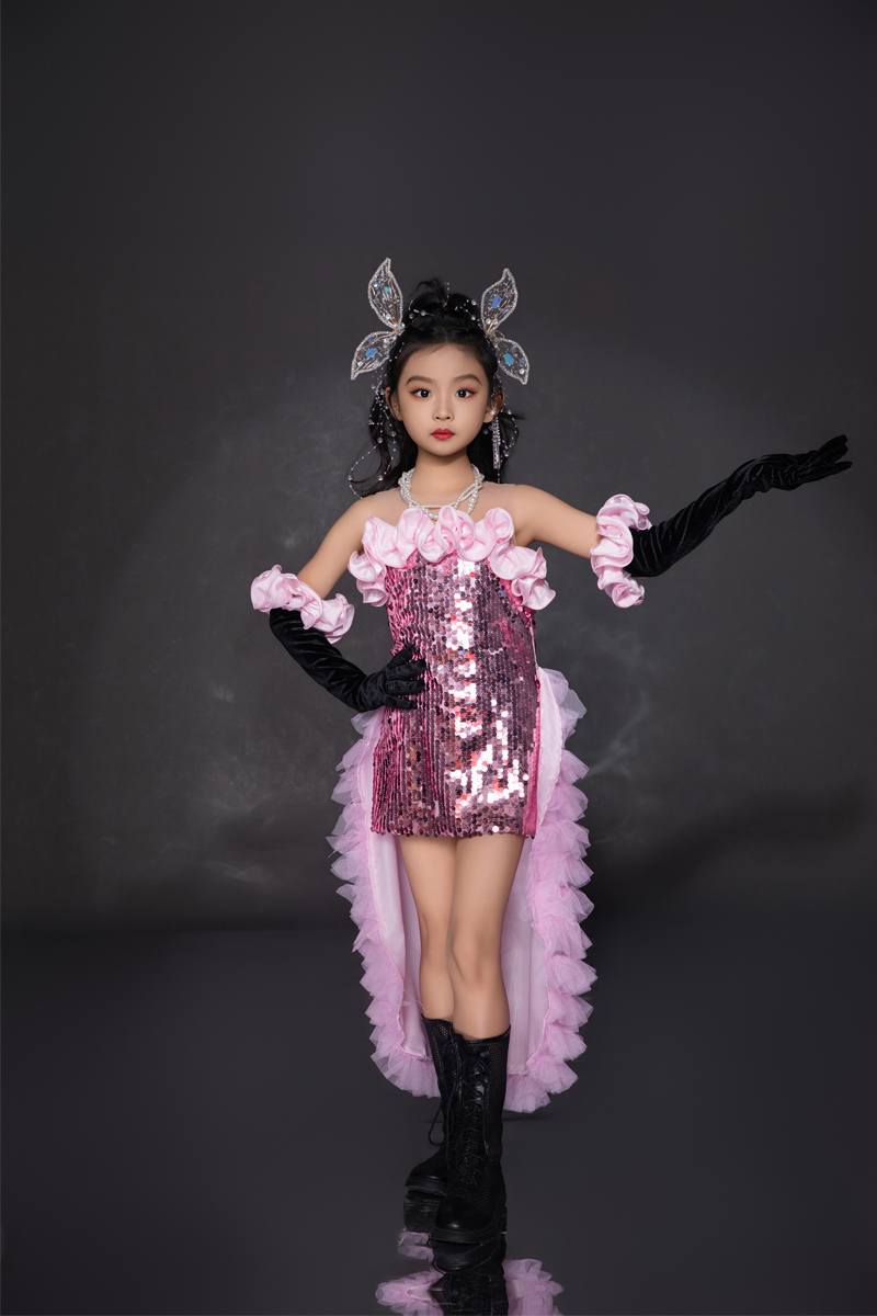 虞书欣款粉色亮片抹胸连衣裙多巴胺花朵儿童芭比走秀演出礼服裙女