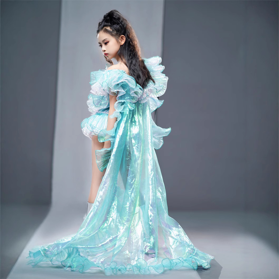 女童梦幻水蓝荷叶边影楼模卡写真模特T台走秀时尚精灵演出潮礼服