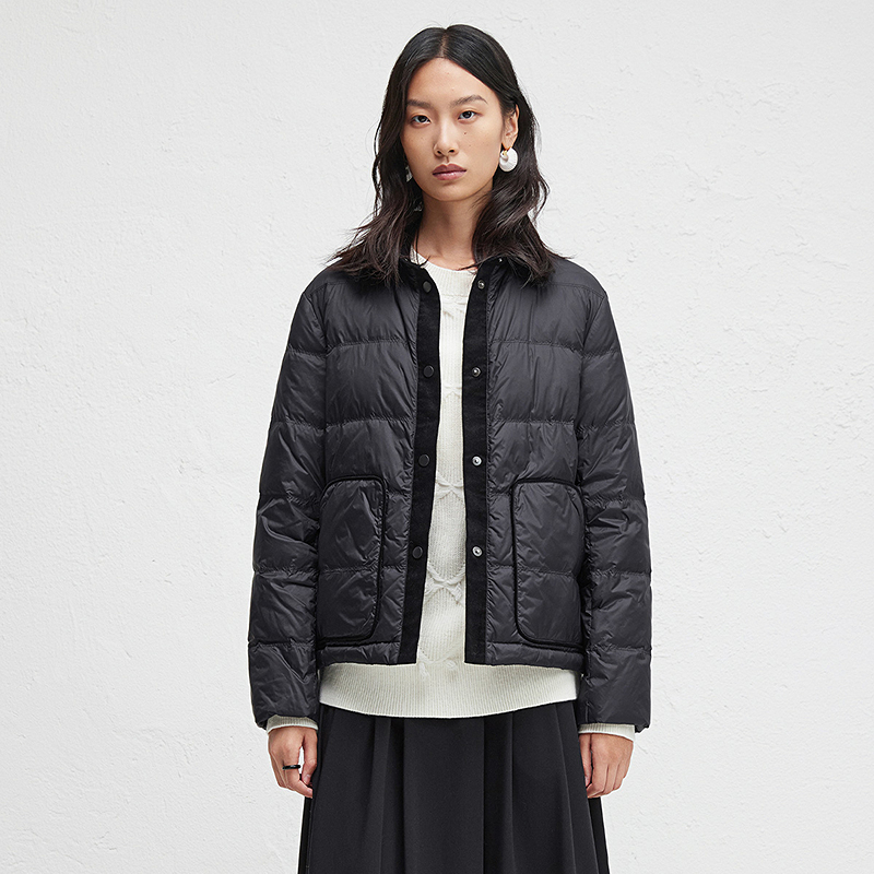 播白鸭绒翻领拼接休闲短款羽绒服保暖DDR4RD5109